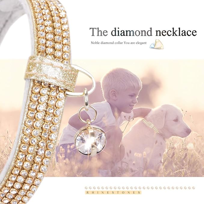 PetsHome Cat Collar, Dog Collar, [Bling Rhinestones] Premium PU Leather with Pendant Adjustable Collars for Big Cat and Small to Medium Dog Small Gold