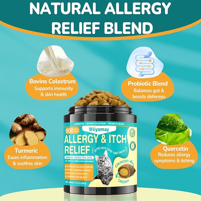 Cat Allergy Relief for Cats, 500 Crunchy & Creamy Anti-Itch and Immunity Chews for Itchy Skin, Paws, Eyes, Ears| Stop Licking & Scratching, Supports Seasonal Itching, Chicken Flavor