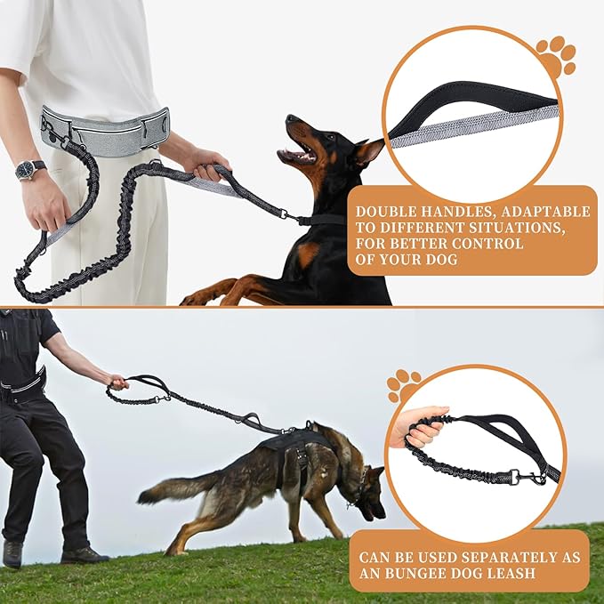 Waist Dog Hands Free Dogs Leash, Waist Running Leash with Zipper, Walking Pouch for Dog Walking, Reflective Dual Padded Handles Bungee Retractable Running for Medium to Large Dogs (Grey)