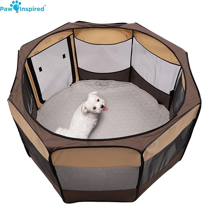 Paw Inspired 48 Inch Round Playpen Mat, Super Absorbent Fleece Cage Liner with Non-Slip Bottom, Waterproof Pet Play Pen Pad for Dogs, Rabbits, Guinea Pigs, Hamsters, Small Animals (Light Gray)