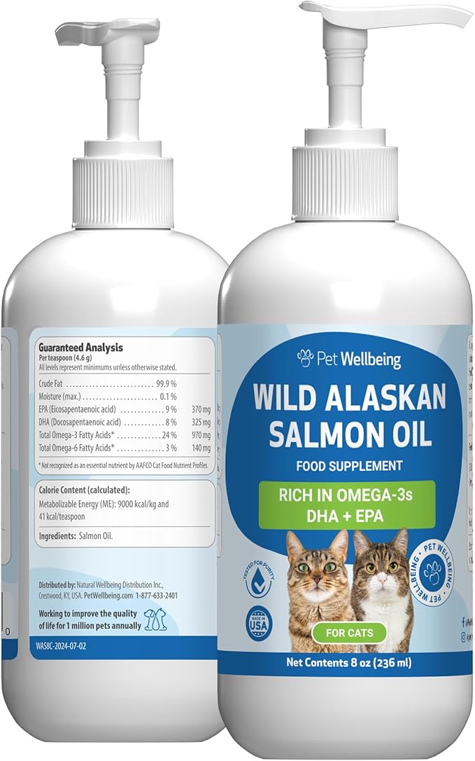 Pet Wellbeing Wild Alaskan Salmon Oil for Cats - Wild-Caught, Cold-Processed, Daily Omega-3 Fish Oil for Healthy Coat and Skin, Joint Mobility and Strength - EPA, DHA - 8 fl oz (236 ml)