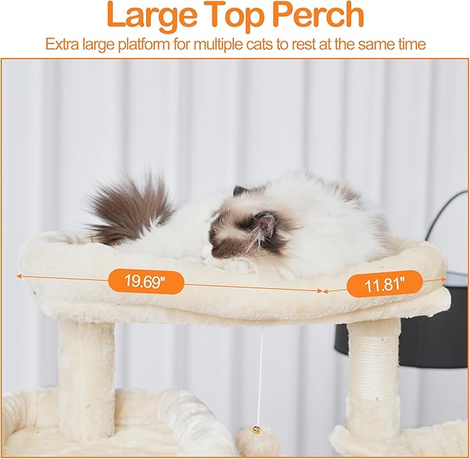 Heybly Cat Tree, 71-Inch-Tall Tower for Indoor Cats with 2 Perches, 2 Big Condos, 2 Hammocks, Basket, Scratching Pad, Large Cat Furniture and Condo, Beige HCT034M