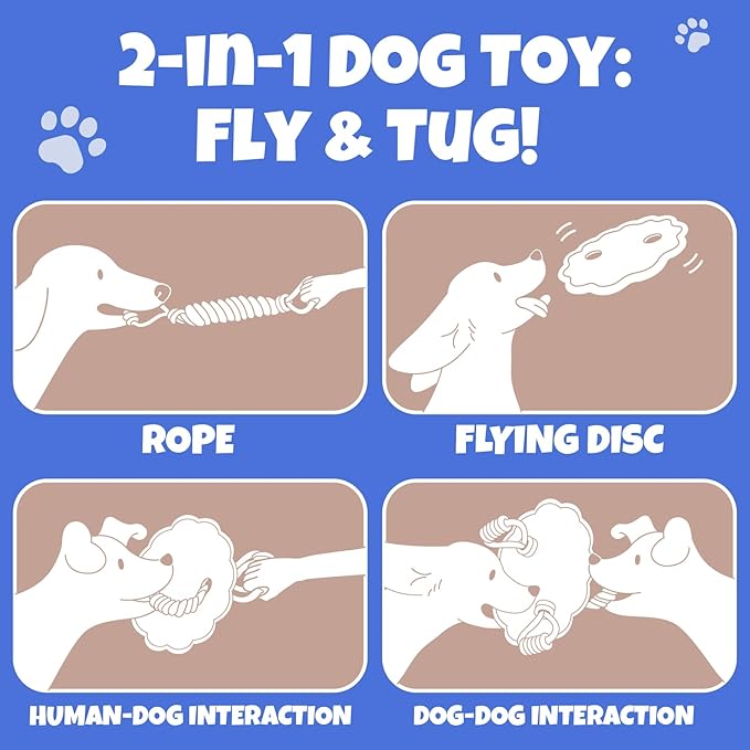 Interactive Dog Frisbee Rope Toy – Tough 2-in-1 Flying Disc & Rope Chew Toy for Medium/Large Dogs, Outdoor Training & Fetching, Purple & Blue