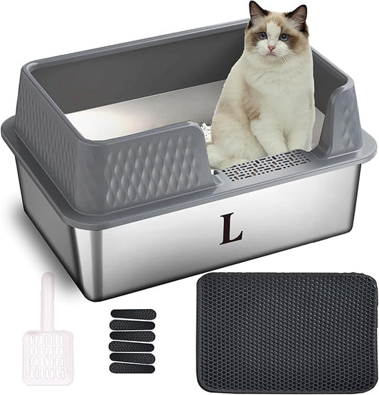 Suhaco Stainless Steel Litter Box Side Entry, Kitty Black Litter Mat and White Scoop Included Covered Metal High Sided Large Cat Litter Box with Lid Removable Enclosure for Medium Cats (Grey)