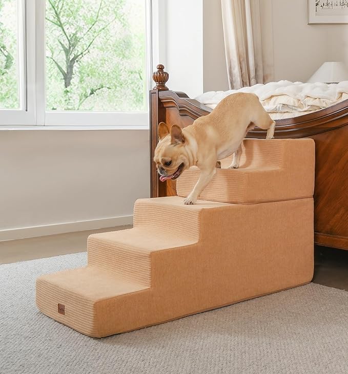 Made4Pets Dog Stairs for High Bed, Extra Wide Pet Stairs for Bed Couch Sofa, 35D Foam Pet Steps for Small Dogs and Cats(Up to 40lbs), Non-Slip Bottom Dog Steps, Tan, 5 Steps