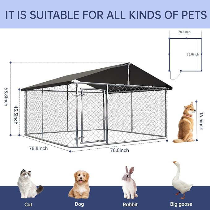 Outdoor Dog Enclosure Heavy Duty Dog Kennel House Mesh Dog Big Cage Pet Kennel Steel Fence with Secure Lock (79”x 79”)