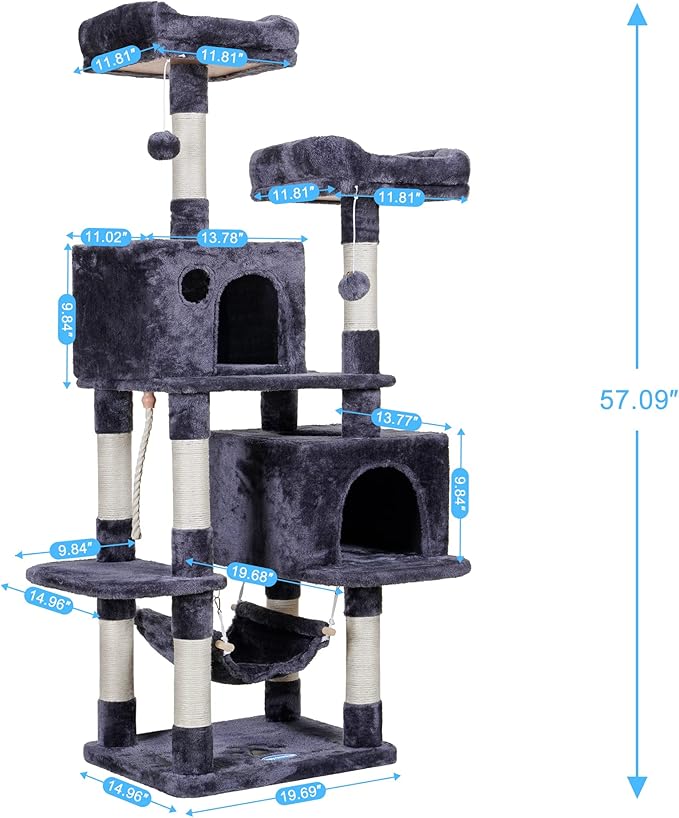 Hey-brother Multi-Level Cat Tree Condo Furniture with Sisal-Covered Scratching Posts, 2 Plush Condos, Perch Hammock for Kittens, Cats and Pets, Smoky Gray MPJ020-SG