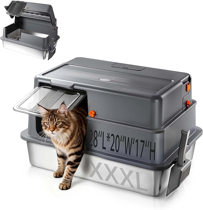 Enclosed XXXL Stainless Steel Litter Box, 28" L x 20" W x 17" H, Side Entry Extra Large Metal Cat Litter Box with Lid for Big & Multiple Cats, Removable Enclosure, Anti-Leakage,Easy to Clean