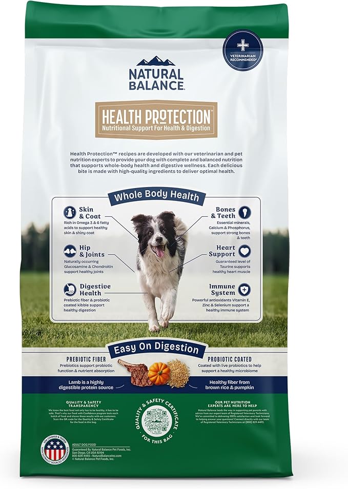 Natural Balance Health Protection Dry Dog Food – Whole Body Health, Easy on Digestion Dog Food Made with Lamb, Brown Rice & Pumpkin for Dogs - 4lbs.