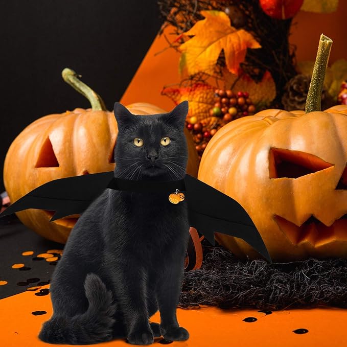 Boao 4 Pcs Halloween Cat Costume Pet Bat Wings with Pumpkin Bells Accessory Puppy and Cat Halloween Cute Dress up Accessories