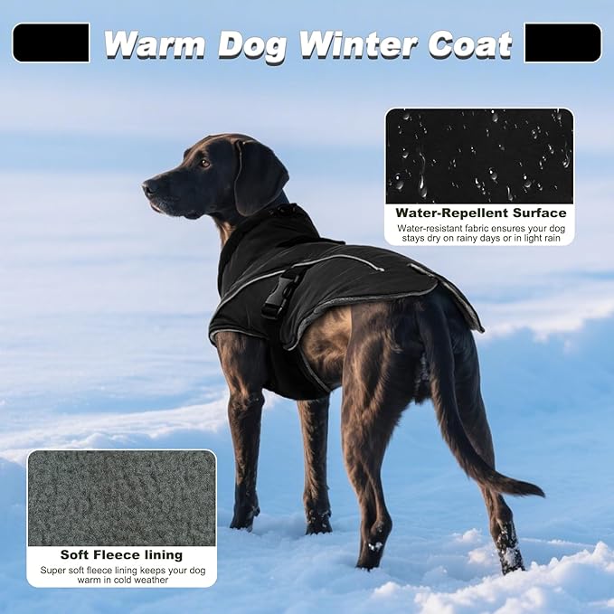 DENTRUN Extra Large Warm Dog Jacket - Windproof Water Repellent Reflective Coat, Adjustable Plush Turtleneck, Easy Wear Fleece Lined Cold Weather Vest for Great Dane, Black, XXXL