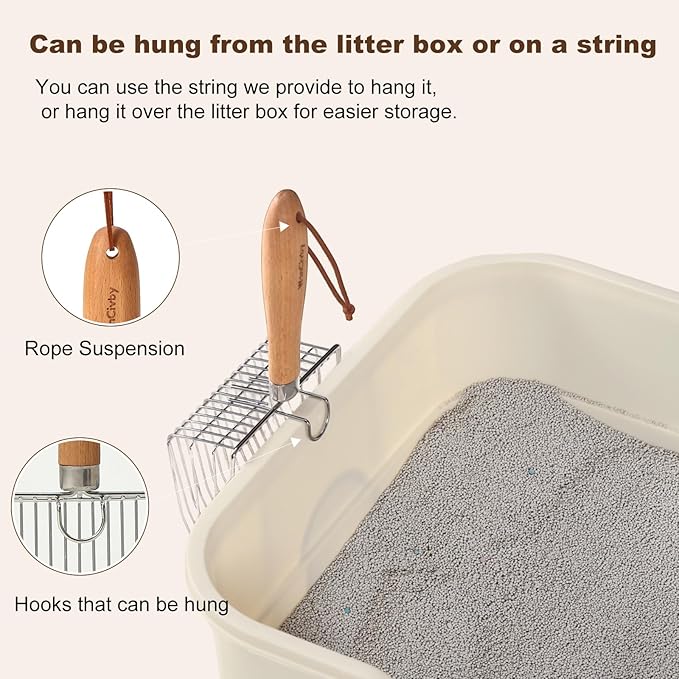 Premium Cat Litter Scoop with Ergonomic Beech Wood Handle - Stainless Steel Sifter with Hook & Hole for Easy Cleaning, Durable & Odor-Free (Steel Wire)