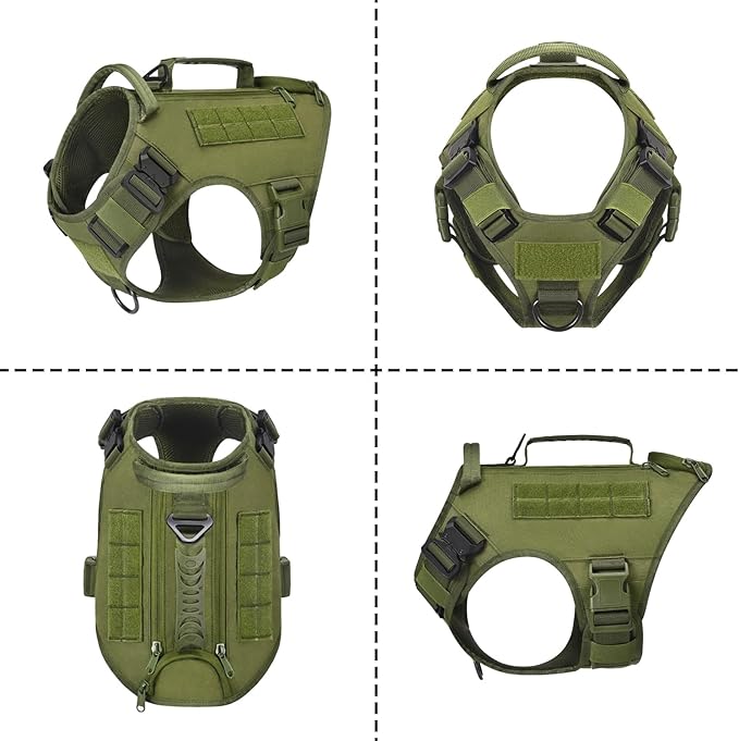 Tactical Dog Backpack Harness for Large Breed Original Design Metal Buckle Vest with Side Bags Pouches for Service Working Training (Green(Vest only), M)