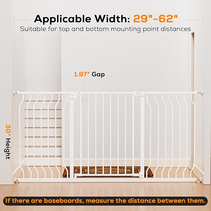 29-62" Baby Gate for Stairs, Baby Safety Essentials, Auto Close Gate for Doorways, Easy Install Pressure Mounted Dog Gate Indoor, Pet Gates for Dogs, White