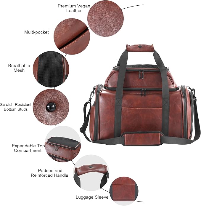 Premium Leather Top Expandable Pet Carrier for Small Dogs & Cats Under 15 lbs, Airline Approved Collapsible Soft-Sided Luxury Travel Bag Coffee