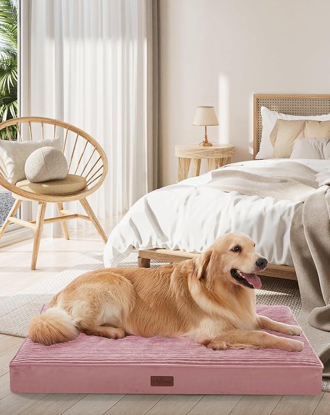 OhGeni Orthopedic Waterproof & Machine Washable Dog Bed for Large Pets, Suitable for Crates, Cat Mat with 25D Egg Crate Foam, Non-Slip Bottom & Removable Cover, 41 Inches(Pink)
