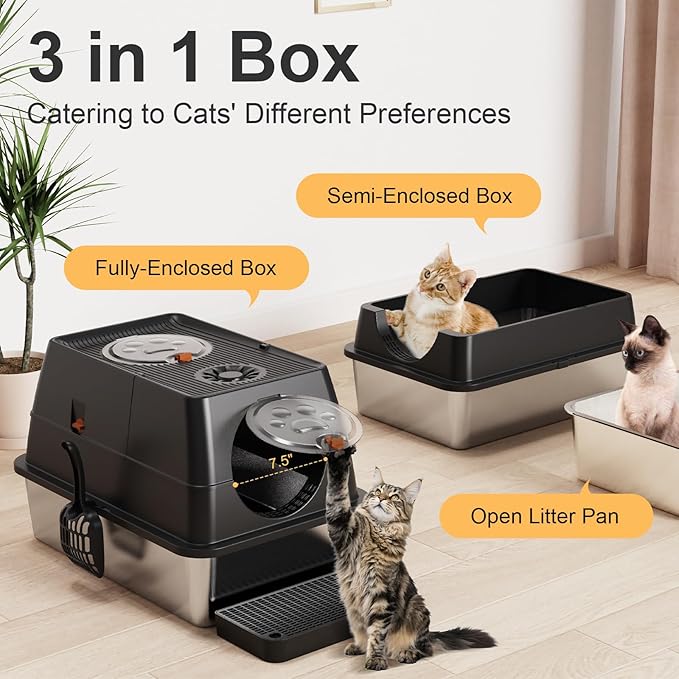 Stainless Steel Litter Box with Lid, XL Extra Large Litter Box, Enclosed Top Entry Metal Litterbox for Big Cat, Easy Cleaning, Anti-Leakage & High Sided with Mat, Aisle & Scoop Black