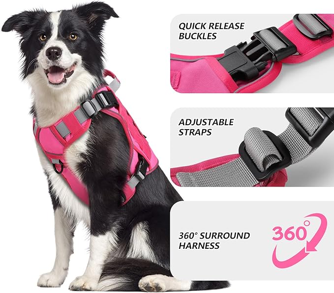 WINGOIN Pink Tactical Dog Harness for Large Dogs, Heavy Duty No Pull Dog Harness with Handle, Adjustable Reflective Military K9 German Shepherd Big Size Dog Vest for Walking, Training, Hunting (L)