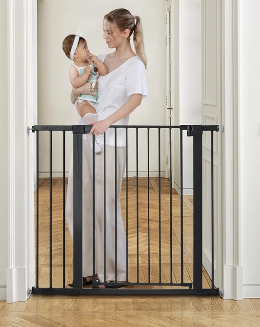 COMOMY 36" Extra Tall Baby Gate for Stairs Doorways, Fits Openings 29.5" to 43.3" Wide, Auto Close Sturdy Safety Dog Gate for House, Pressure Mounted Easy Walk Through Pet Gate with Door, Black