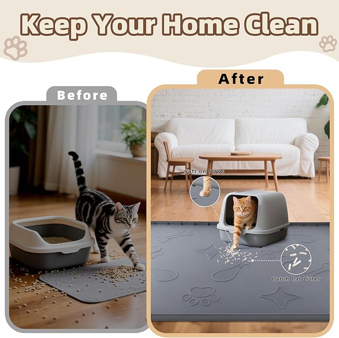 Silicone Cat Litter Mat with Collection Pocket, 42" x 28" Large Cat Litter Box Mat Waterproof Anti-Slip Litter Trapping Mat with Edge and Handle Pet Placemat for Floors (Dark Grey)