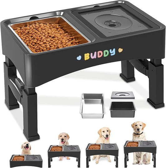 Decflow 2-in-1 Elevated Dog Bowls, 4 Height Adjustable Raised Dog Bowls with Stainless Steel & No Spill Water Bowl, DIY Stickers Foldable Pet Bowl for Medium Large Dogs(Not Included Slow Food Bowl)