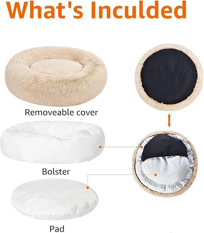 Amazon Basics Donut Pet Bolster Faux Fur Bed for Dog, Beige, 45" x 45"