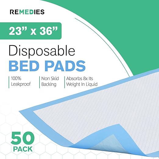 Remedies - Bed Pads Disposable Adults, Seniors, Kids & Puppy Pads - 23" x 36" - Large Disposable Underpads - 50 Count, Incontinence Underpads for Beds & Furniture, Dog Pee Pads, Dogs Chucks Pads