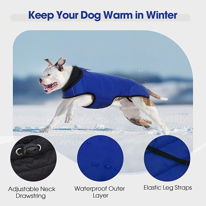 IDOMIK Waterproof Dog Winter Coat, Reflective Warm Dog Puffer Jacket with Harness Hole, Adjustable Lightweight Snow Jacket with Turtleneck, Pet Cold Weather Coats for Large Dogs,Blue,3XL