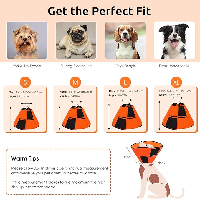 Queenmore Dog Cone Collar, Cone for Dogs to Stop Licking, Dog Cones for Medium Dogs, Adjustable Doggy Recovery Collars & Cones, Elizabethan Collar for Pets After Surgery, Orange M