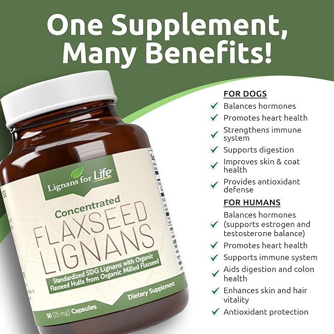 Lignans For Life Flaxseed and SDG - Omega 3 Fatty Acids, Fiber Antioxidants - Helps Improve Shiny Coat, Digestive and Heart Health, 25mg, 90 Capsules, 1 Pack