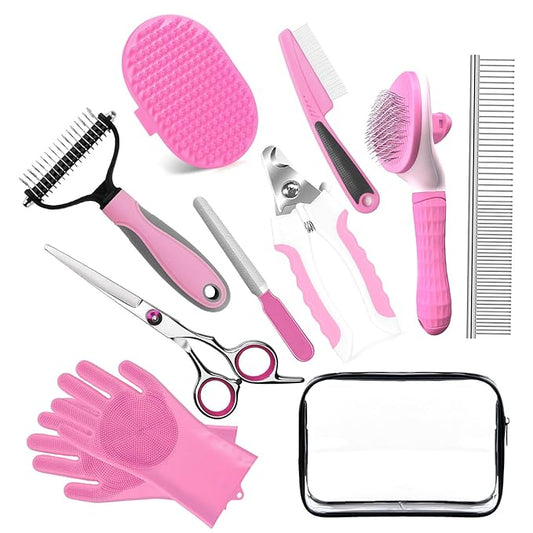 Bath Grooming Kit for Pets, 10pcs Dog Brush for Shedding with Dog Nail Clipper and Trimmer, Dog and Cat Grooming Supplies, Dematting Comb for Dogs, Pet Bath Supplies