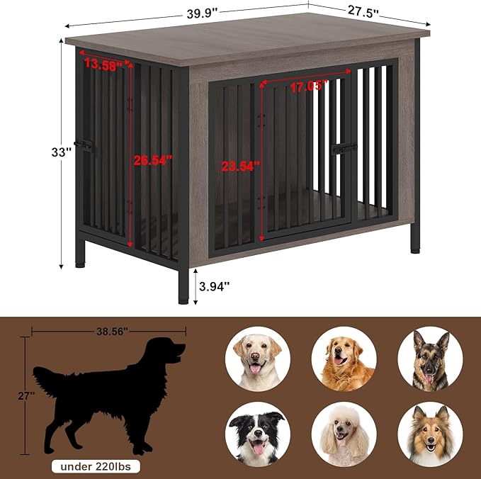 EasyCom Dog Crate Furniture for 1 or 2 Dogs, Heavy Duty Single/Double Dog Crates for Small/Medium/Large Dogs, Dog Kennel Furniture Indoor as TV Stand, Large Size 39.96" L(35-60 Pounds), Oak Grey