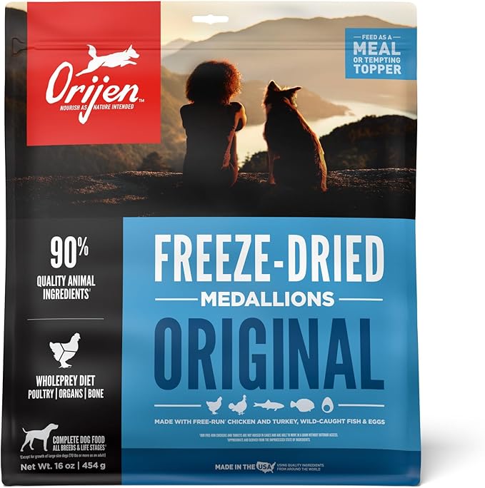 ORIJEN Grain Free High Protein Freeze Dried Dog Food & Topper Original Recipe 16oz Bag