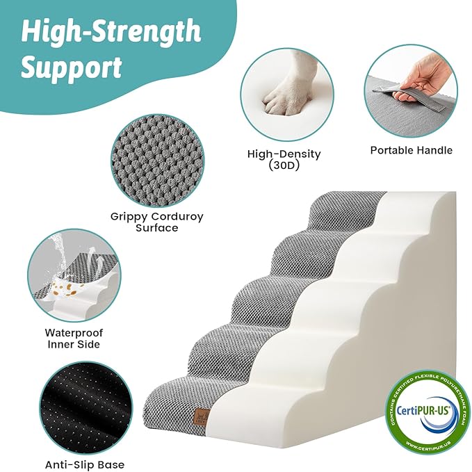 Wide Dog Stairs for Small Dog 22.6" H, Curved Pet Step for Puppy, Older Cat, Curved Ramp for High Bed or Car, Ladder with High Density Foam, Durable, 5 Step, 17.7x33x22.6 inch, Grey