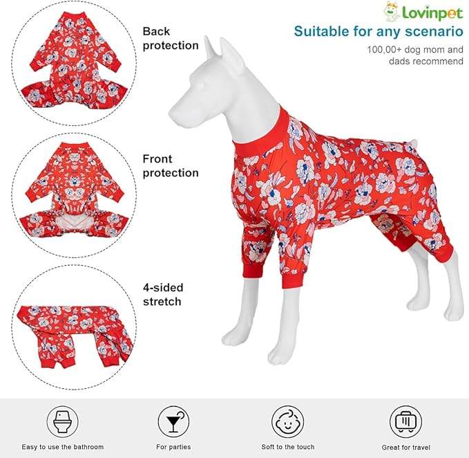 LovinPet Large Dogs PJS sweatshirt, Anti Licking, UV Protections Dog Shirt, Stretchy Comfortable Skin-friendly Fabric, Post Surgery Recovery Dog Pajamas, Red & Peach Floral Print, Onesies for Dogs,2XL