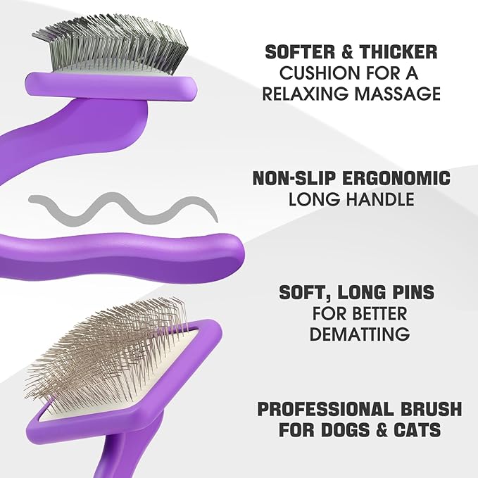 Dog Slicker Brush for Dogs Grooming Kit 4PCS | Large Dog Brush for Goldendoodles Poodles Doodles | Long Pin Haired Brush | Poodle Brushes and Comb (Purple)