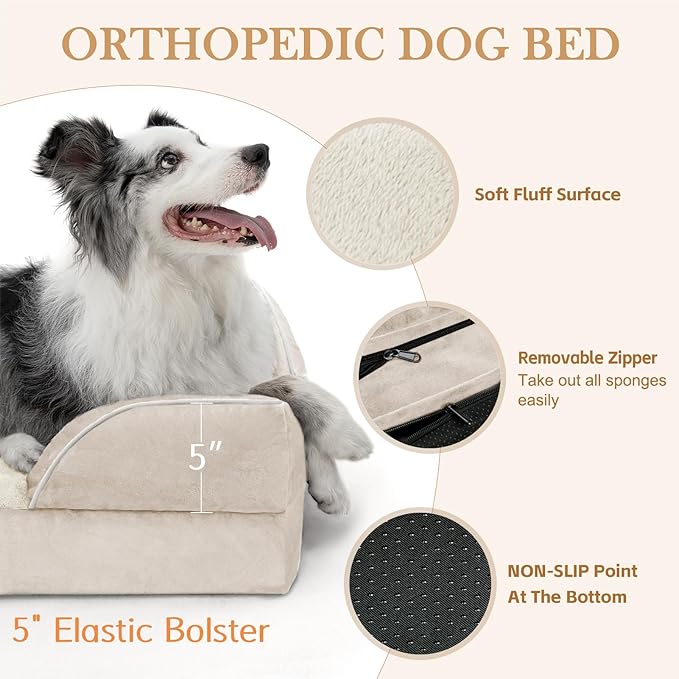 Comfort Expression Orthopedic Dog Bed for Extra Large Dogs 42x30 Inch, Waterproof Supportive Egg Crate Foam XL Pet Bed with Removable Bolsters, Dog Couch with Washable Cover & Non-Slip Bottom, Beige