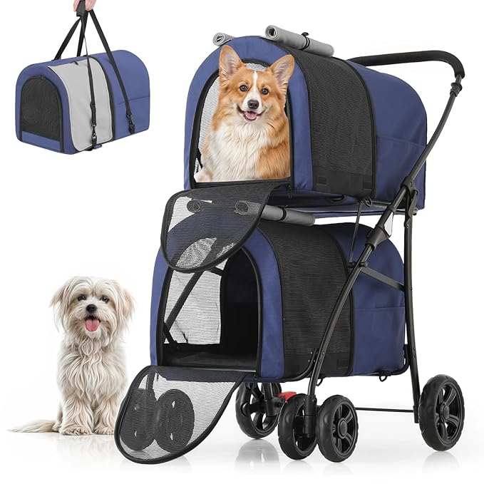 MoNiBloom Double Dog Stroller with Detachable Carrier Bags Large 4 Wheels Foldable Jogger for Small and Medium Dog Cats, Navy Blue/Gray
