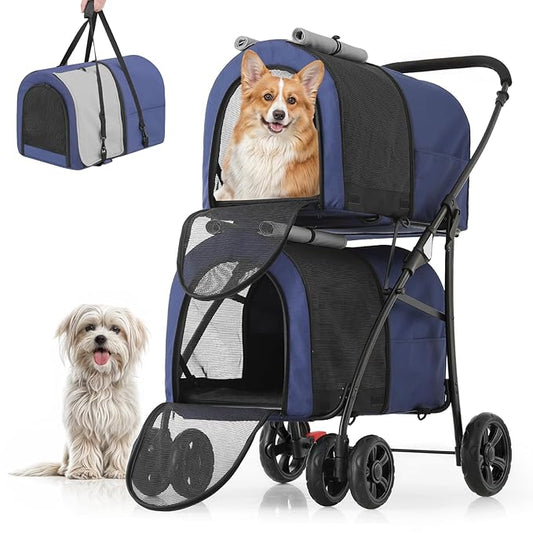 MoNiBloom Double Dog Stroller with Detachable Carrier Bags Large 4 Wheels Foldable Jogger for Small and Medium Dog Cats, Navy Blue/Gray