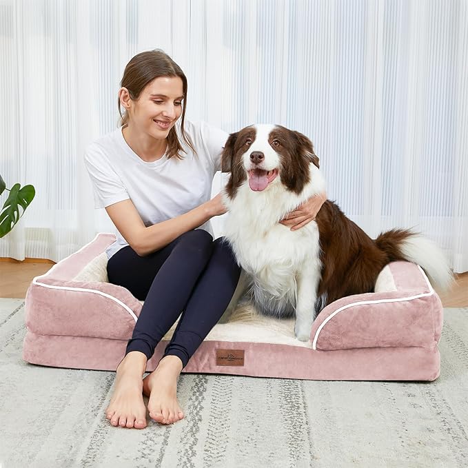 Comfort Expression Orthopedic Dog Bed for Medium Dogs 28x19 Inch, Waterproof Supportive Egg Crate Foam Medium Pet Bed with Removable Bolsters, Dog Couch with Washable Cover & Non-Slip Bottom, Pink