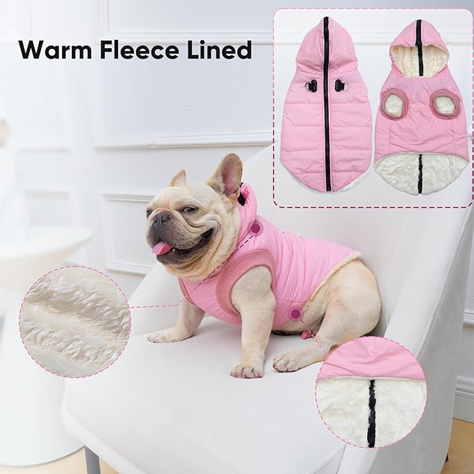 Fleece Lining Dog Hoodie with Harness Built in,Extra Warm Small Dog Jacket in Winter Puppy Coats with Hooded,Light Pink XS