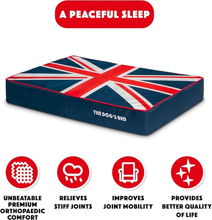 The Dog’s Bed Orthopedic Memory Foam Dog Bed, Large Blue & Red Trim UK Center Flag, Pain Relief for Arthritis, Hip & Elbow Dysplasia, Post Surgery, Supportive, Calming, Waterproof Washable