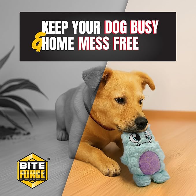 Bite Force - Durable & Strong Dog Toy Light Blue Monster with Squeaker, Kevlar-Reinforced for Aggressive Chewers.