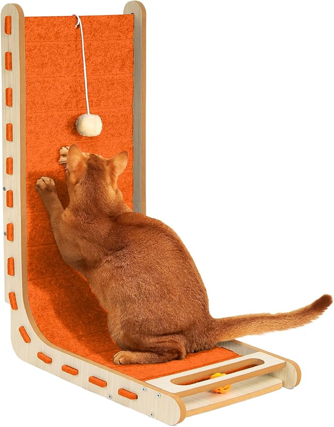 L Shaped Cat Scratcher with Ball Toy Felt Standing Cat Scratching Board for Indoor Cats Adults Vertical Scratch Pad Furniture Protector Kitten Toys 26.8 Inch-Orange