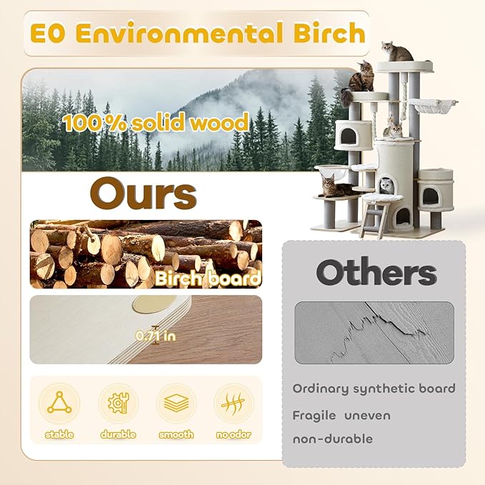 69'' Modern Cat Tree,Multi-Level Wood Large Cat Tower with Condo,Hammocks,Tall Cat Tree with Sisal Posts,Ladder,Removable Mats,Luxury Heavy Duty Tree Tower for Indoor Large Cats