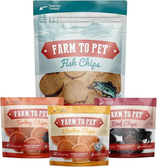 Farm To Pet - Puppy Training Treats Starter Pack Fish 4oz + 2 Chicken & 2 Turkey Snack Chips for Small Dogs - Value Pack Treats, 100% All Natural, Single Ingredient, Puppy Essentials Made in USA