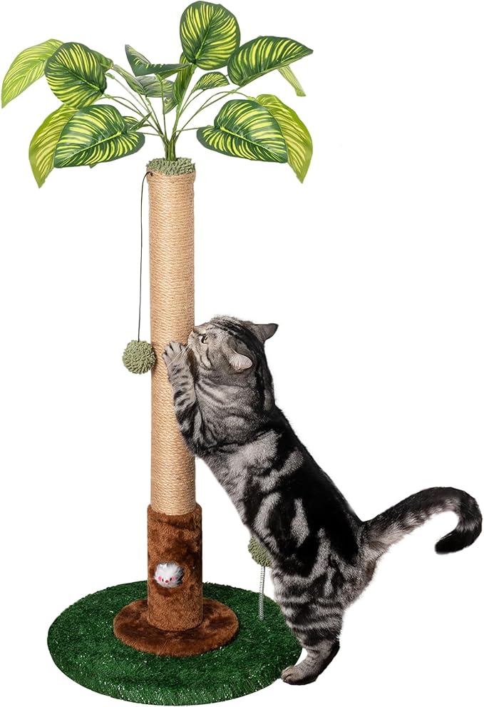 Meowoou Cat Scratching Post for Indoor Cats with Cat Toy Mouse Hole and Interactive Hanging Ball,32 inch Tall Cat Scratcher Palm Cat Tree Tower with Sisal Rope for Indoor Kitten