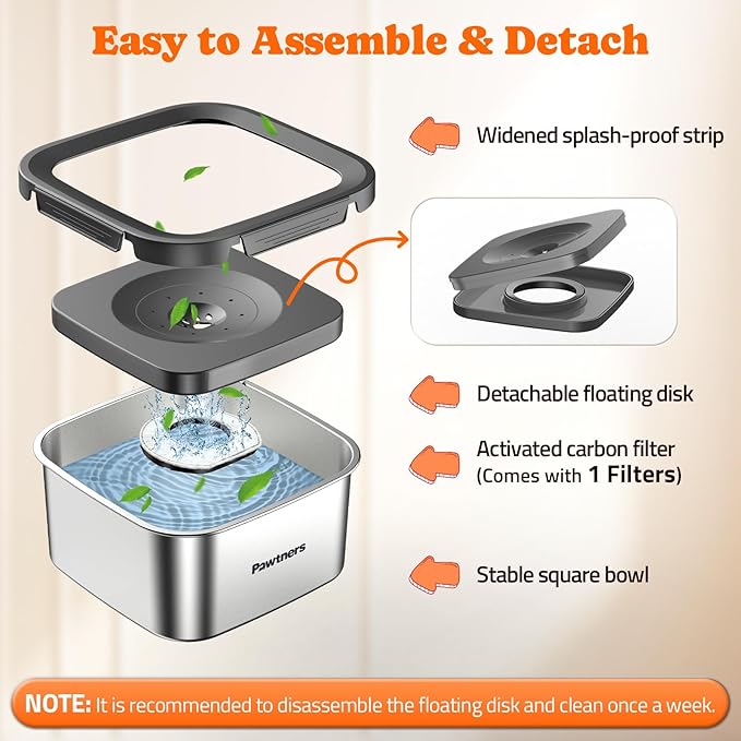 Dog Water Bowl No Spill, 4.5L Stainless Steel Dog Floating Bowl, Slow Water Bowl for Dog with Filter, Non-Slip Base, No Splash Water Bowl for Medium Large Messy Drinkers Grey