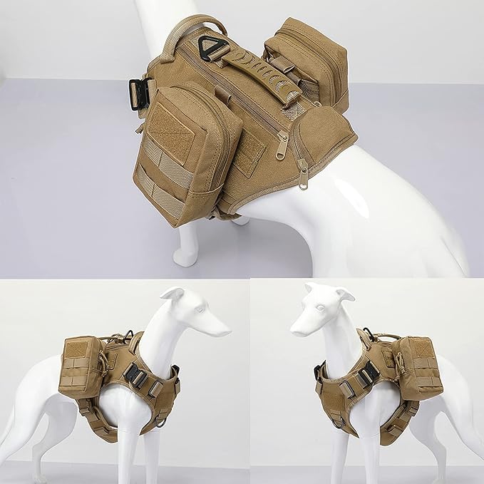 Tactical Dog Backpack Harness for Large Breed Original Design Metal Buckle Vest with Side Bags Pouches for Service Working Training (Khaki (with 2 Pouches), L)