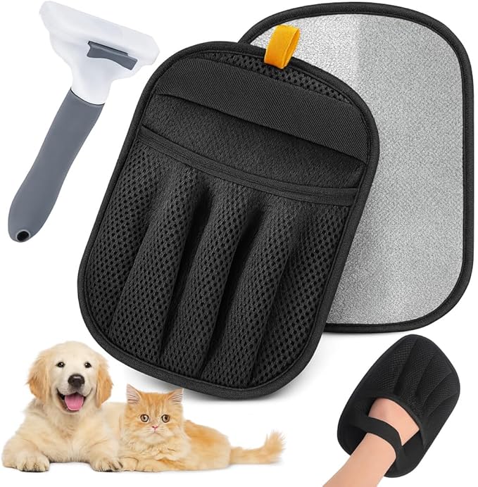 LuxUltra 2 Pcs Electrostatic Pet Hair Removal Gloves for Furniture, Couch, Carpet & Clothes | Reusable & Washable Fur Remover Mitt Set | Includes Bonus Cat & Dog Grooming Brush